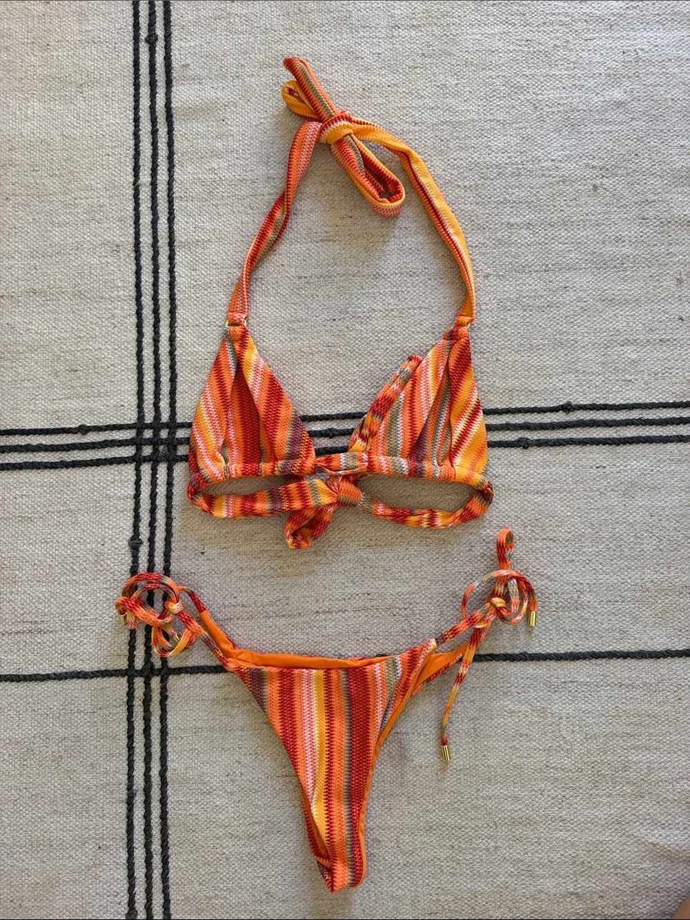 Monday Swimwear Orange Striped Bikini Swimsuit - Tie-Top & Side-Tie Bottoms